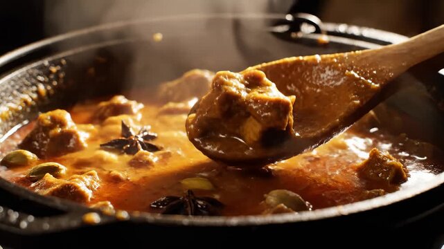 Wooden Spoon Stirring Delicious Hot Meat Curry With Spices