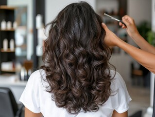Fototapeta premium Young woman with brown hair in calm hair salon setting