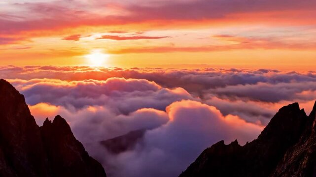 Dramatic sunset over a sea of clouds viewed from mountain peaks image photo