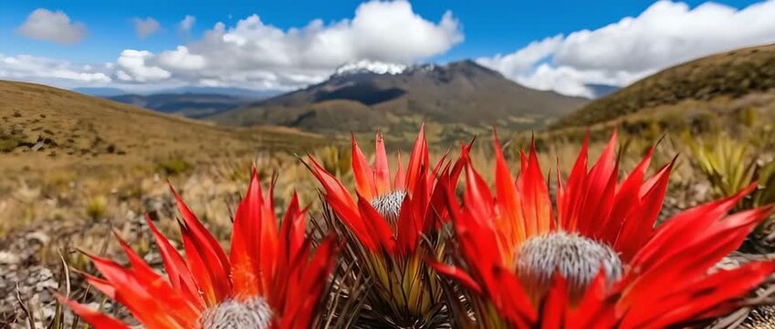 Vibrant Red Puya Flowers Blooming in Andean Mountain Landscape