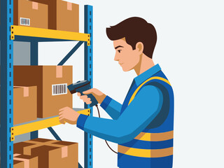 A worker scans a barcode on a shelf in a warehouse. Clear, bright image for inventory management. Professional setting.