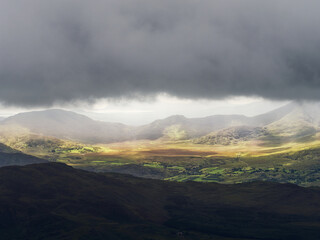 A dramatic sky above the rolling hills of Killarney National Park in Ireland.