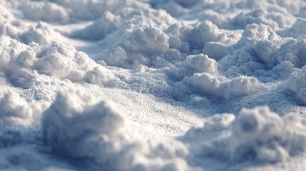 Snow covers the ground in a winter scene with soft mounds creating a textured landscape during daylight hours