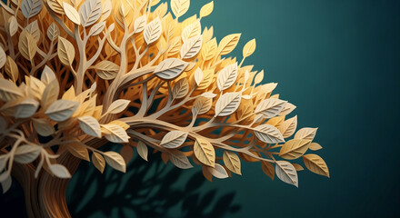 Beige paper tree branch with detailed leaves against a teal background, showcasing intricate craftsmanship and offering free space for text or design, symbolizing growth and nature