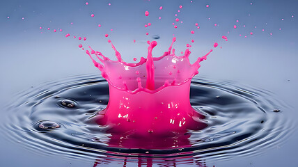 A vibrant pink liquid splashes dramatically in clear water, creating a perfect crown shape.