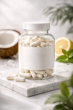 Glass Bottle with White Capsules on Marble Surface, Natural Supplement Concept