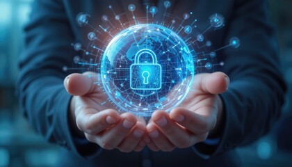 Global information security sphere secured by rotating digital shield within company hands.