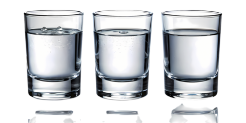 Three clear shot glasses filled with refreshing liquid showcasing purity and reflections