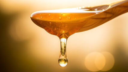 A thick stream of golden honey slowly drips from a wooden spoon against a warm, blurred background.