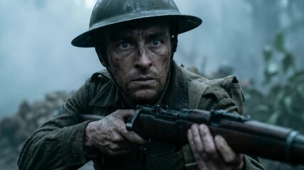 A determined soldier takes precise aim with his rifle amid the chaos and intensity of an active battlefield combat scene. - Powered by Adobe