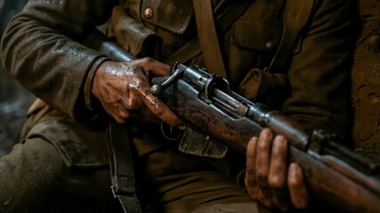 A weary soldier holds his rifle while resting briefly in a forest battlefield, surrounded by silence and tension after combat.