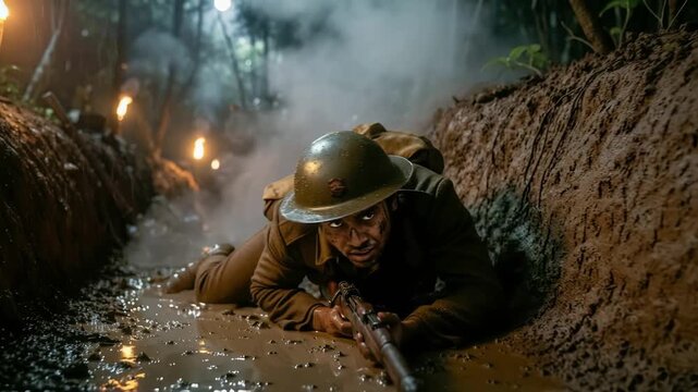 A determined soldier crawls through a muddy trench amid intense battle, showing grit and survival under fire.
