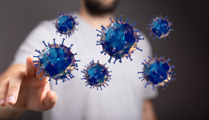 Artistic depiction of Coronavirus, symbolizing pandemic and health crisis. Coronavirus cells float towards the
