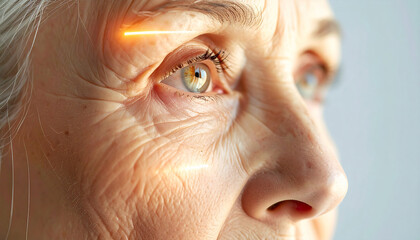 Precision Gaze: An eye undergoes a laser treatment for vision enhancement, as a focused beam gently interacts with the ocular surface.