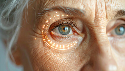 Golden Gaze: A close-up view of an older woman's eye, its iris a captivating mix of hues, framed by subtle lines and accented by an innovative, luminescent circle, evoking the future of vision. 