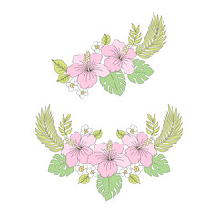 Pastel Tropical Jungle Leaves Monstera Hibiscus Floral Composition Illustration Set for Retro Boho Exotic Summer Design © AngellozOlga