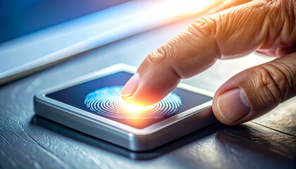Fingerprint Identification: A close-up shot captures the precise moment of biometric authentication, highlighting the convergence of technology and security.