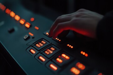 Obraz premium Close-Up View of Hand on Control Panel with Glowing Orange Lights