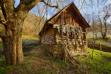 landscape with old wooden houses in the mountains in the Banat area of ​​Romania