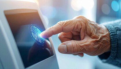 Fingerprint Scanning Technology: A close-up shot of an older person's hand interacting with a futuristic fingerprint scanner, highlighting the fusion of technology and human interaction.