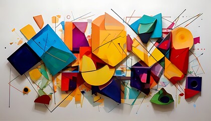 An abstract art piece with layered geometric shapes and vibrant colors, complimented by thin, intersecting lines