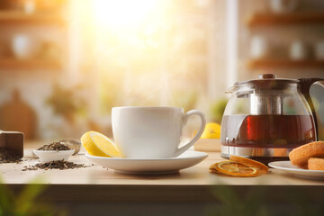 Morning tea infusion for breakfast in a bright kitchen