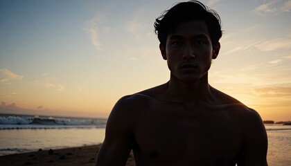A silhouette of a surfman riding a surfboard on a beach at dusk. An attractive model from Asia in his twenties