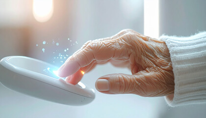 Human Touch on Tech: A close-up shot captures an elderly hand interacting with a sleek tech device. This image explores the seamless connection between age and technology.