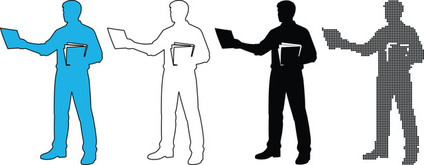 Set of four male presenter silhouettes holding a tablet and book, showing different styles blue fill, outline, solid black, and plaid pattern