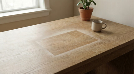 A wooden desk features a distinct rectangular dust outline where a laptop once sat, accompanied by a coffee mug and a potted plant in natural light.