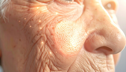 Digital Identity: A close-up view of an aged face, overlaid with a glowing fingerprint, symbolizing digital identity. This striking visual captures the intersection of aging and technology.
