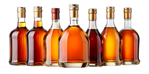 A sophisticated collection of seven premium amber spirits in elegant glass bottles