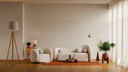 Contemporary living room interior with curved white furniture and an orange accent rug in the trending cloud dancer 2026 style- 3D rendering