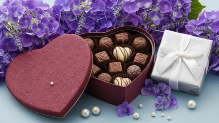Elegant heart-shaped box filled with assorted chocolates and surrounded by purple flowers for valentine's day