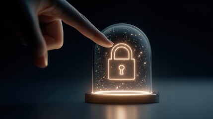 Lock symbol under glass dome with hand reaching towards it in a dark setting