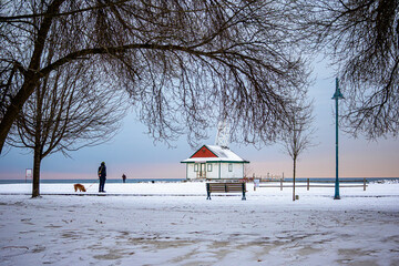 A person walks a dog on a snowy beach path in Toronto during winter twilight, framed by bare trees with the historic Leuty Lifeguard Station in the background.