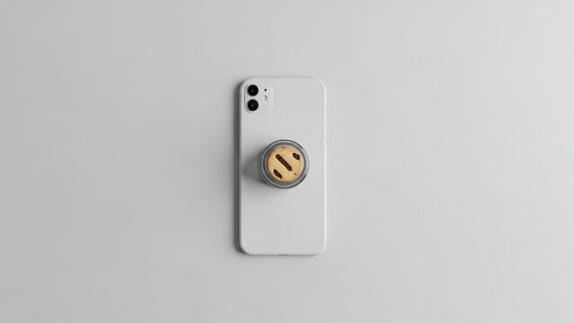 White phone with pop socket on gray background