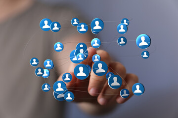 Abstract visual representation of network and social connection. Digital network of people touching with hand. Networking, community, communicat