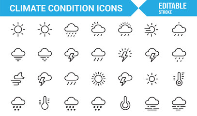 Fototapeta premium Editable climate condition outline icons for UI design