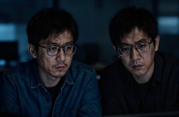 Asian colleagues collaborating on project, working late in dark office