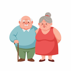 Fototapeta premium Illustration of an elderly man and woman standing together with the man holding a cane on a plain white background.