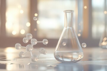 Laboratory glassware with molecular structure in bright environment