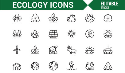 Sustainable living and eco technology outline icons
