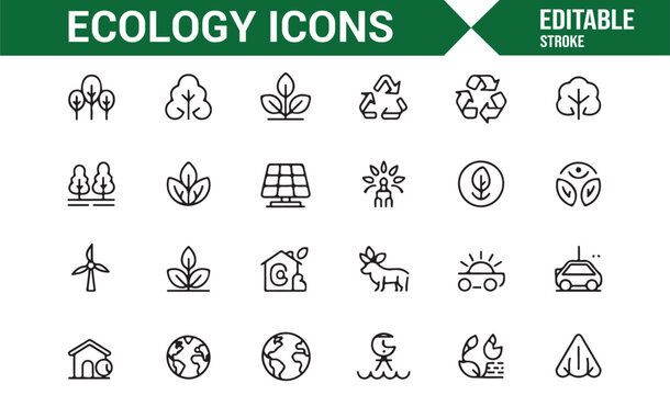 Sustainable living and eco technology outline icons - Powered by Adobe