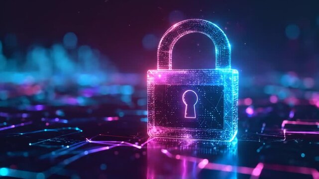 Cyber Security: Glowing Digital Padlock on Circuit Board Background