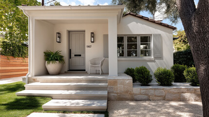 Compact front porch with cream wall white door potted plant stone steps modern lighting cozy chair lush greenery peaceful atmosphere