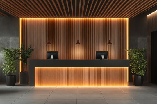 Modern Reception Area with Wooden Accent Wall and Warm Lighting