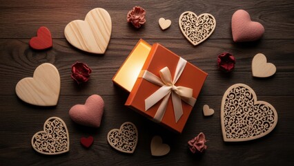 Romantic gift box surrounded by decorative hearts for valentine's day