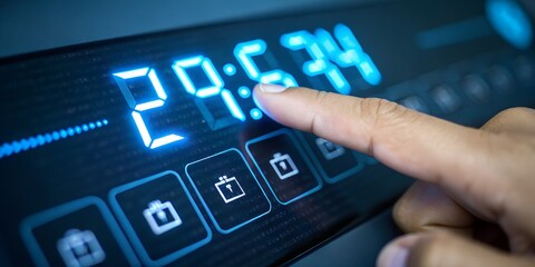 Person interacting with a modern digital touchscreen interface with glowing blue buttons