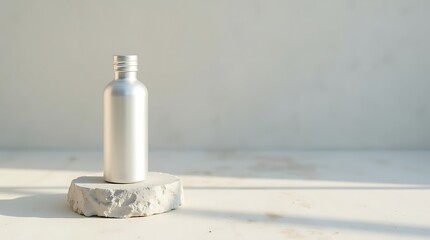 Minimal Eco Aluminum Bottle on Light Stone Surface with Soft Natural Light